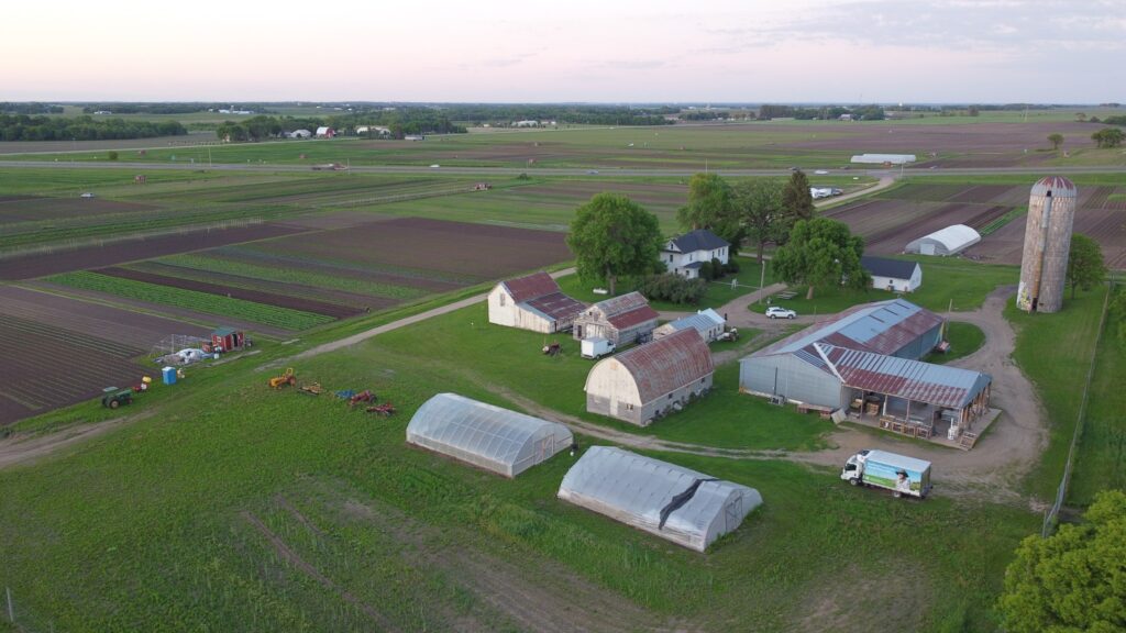 Sky view of a large farm property